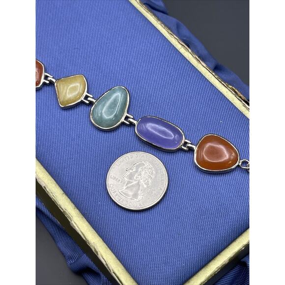 Sterling Silver Bracelet Jade Multi Color Green Purple Lavender Toggle HN China - Picture 8 of 9